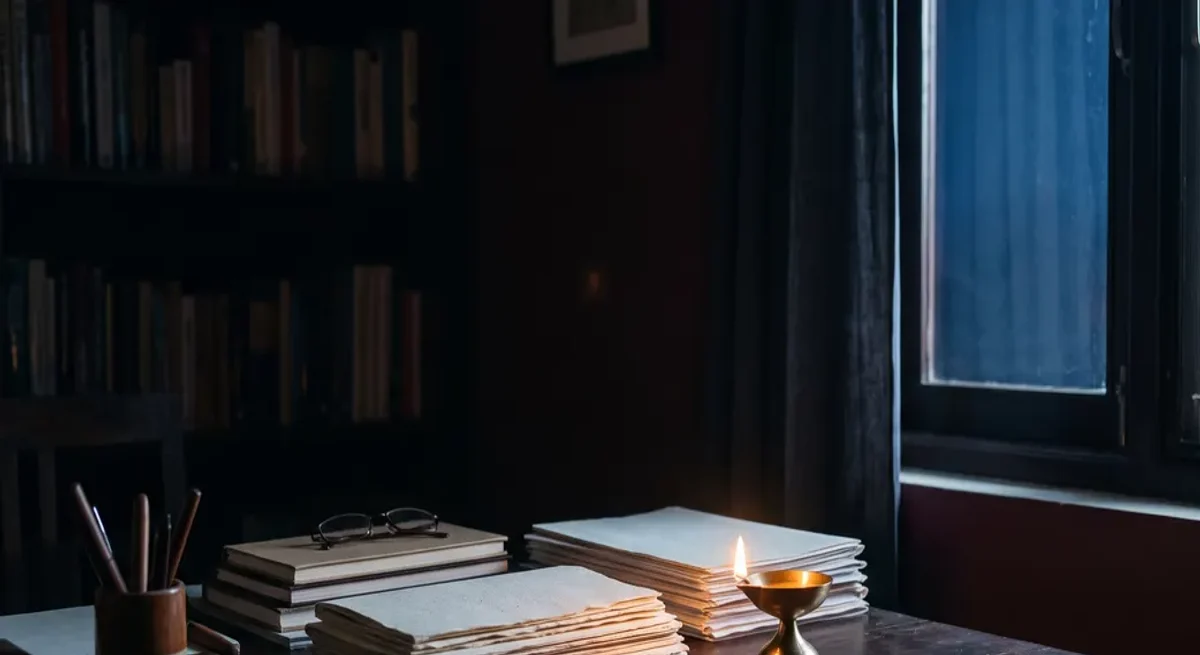 Study corner with papers and a brass diya