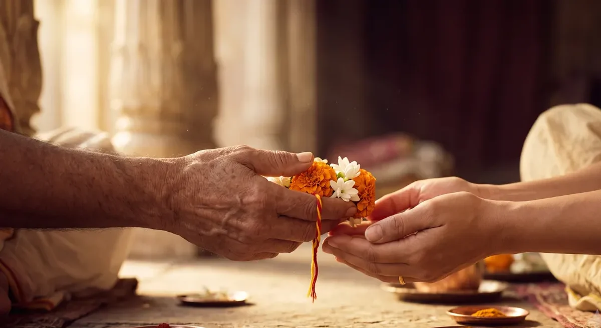 Hands exchanging flowers for kundali matching