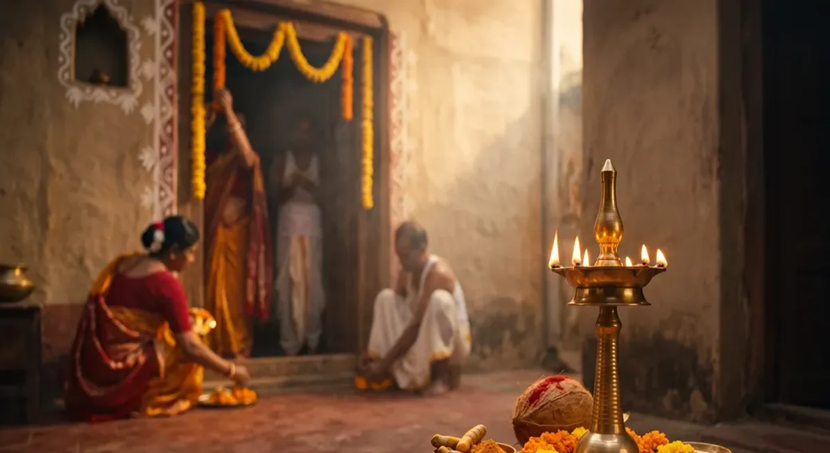Auspicious morning preparation with marigold and brass lamp