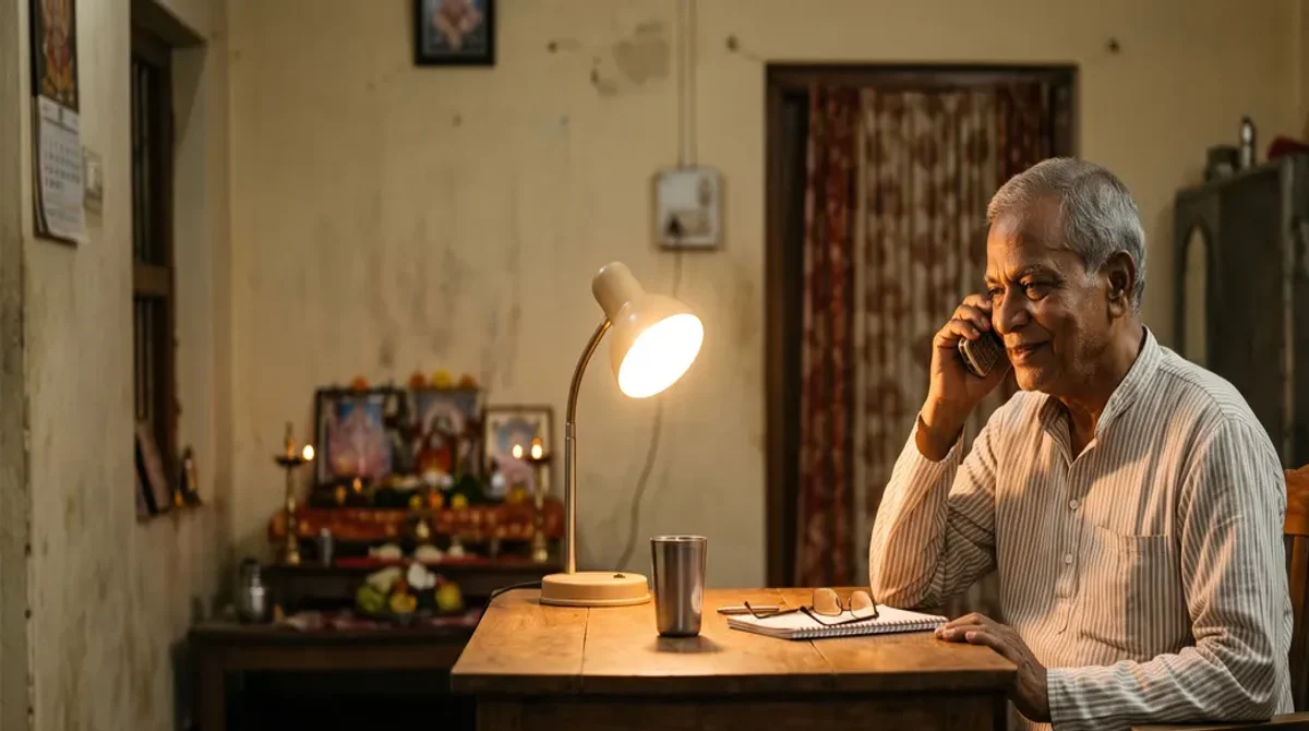 Quiet phone consultation in an Odisha home