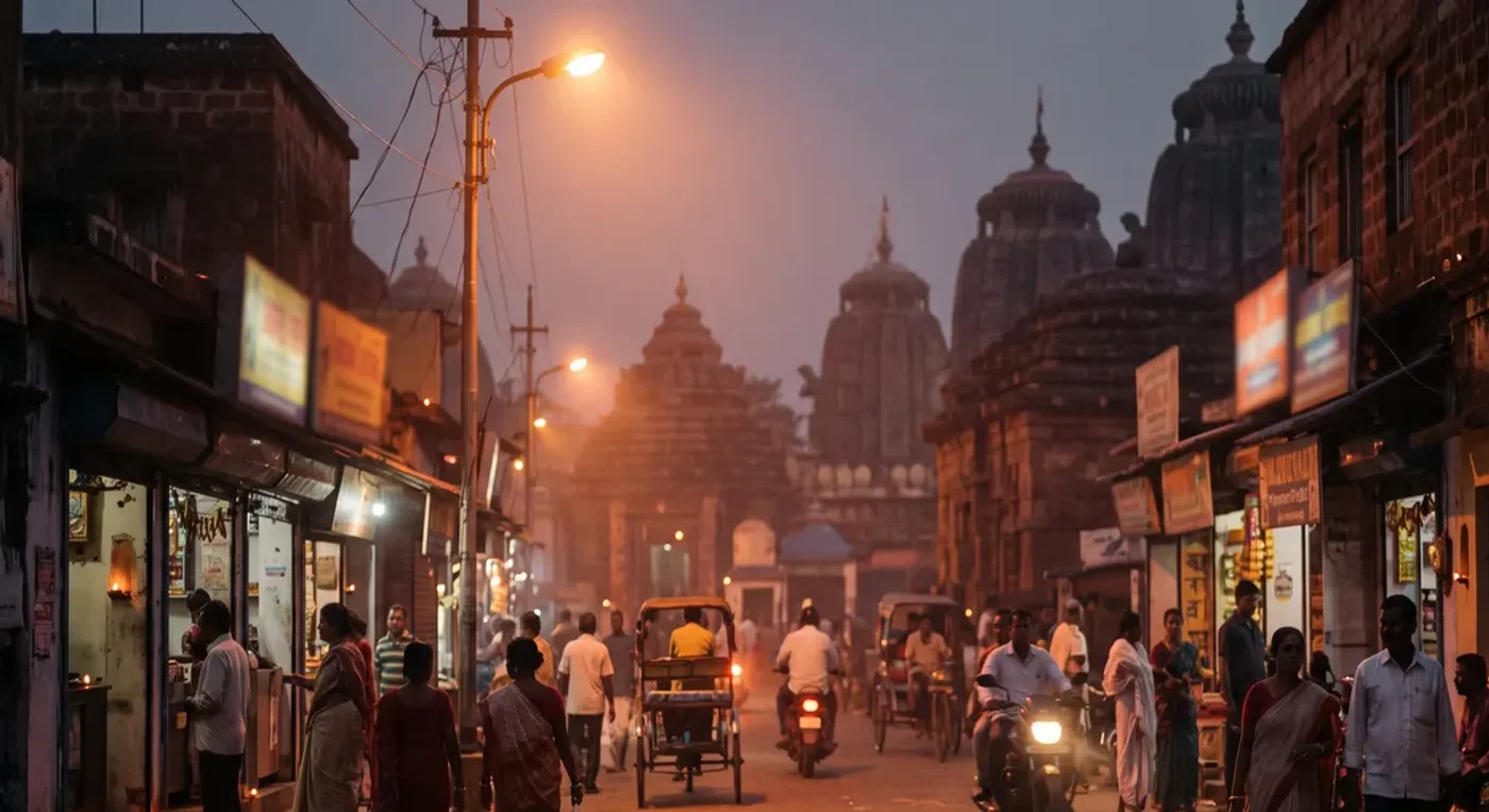 Temple street atmosphere in Odisha at dusk